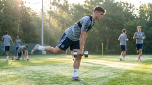 Football player doing best core exercises for football players with single-arm kettlebell farmer carry for core stability.