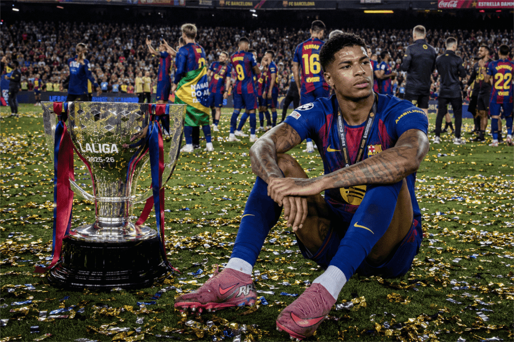 Marcus Rashford wearing Barcelona number 14 and celebrating the 2025-26 La Liga title beside the championship trophy