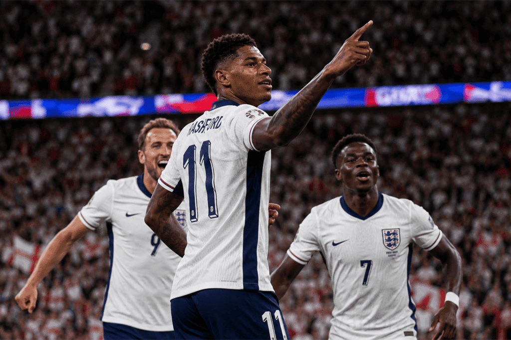 Marcus Rashford wearing England number 11 and celebrating a goal at the 2026 FIFA World Cup