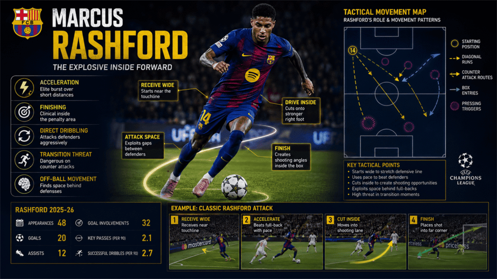 Marcus Rashford player style analysis showing acceleration, dribbling, finishing ability and tactical movement patterns during the 2025-26 season