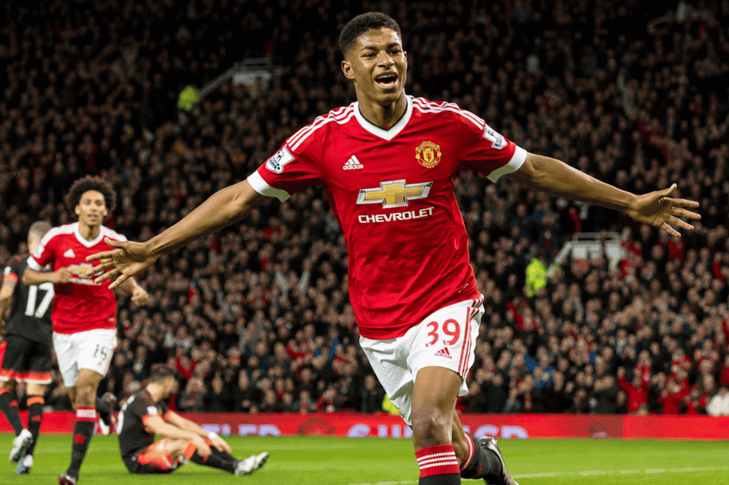 Marcus Rashford celebrating his breakthrough Manchester United debut in 2016