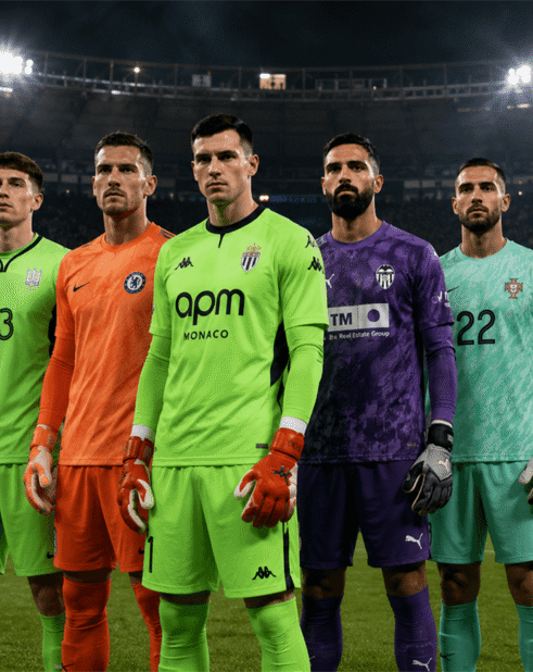 Best Young Goalkeepers in Football 2026 featuring Giorgi Mamardashvili, Anatoliy Trubin, Bart Verbruggen, Diogo Costa, Filip Jörgensen, Joan García, Illan Meslier, Radosław Majecki, Diant Ramaj, and Maarten Vandevoordt.