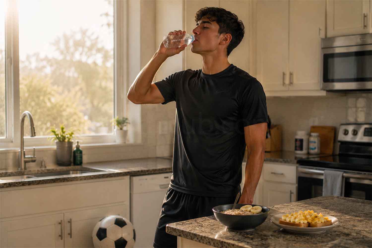 Football player morning routine with young footballer drinking water before training in a modern kitchen
