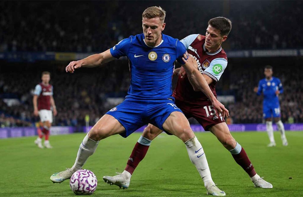 Liam Delap shields the ball from a defender for Chelsea, one of 2026's rising football strikers
