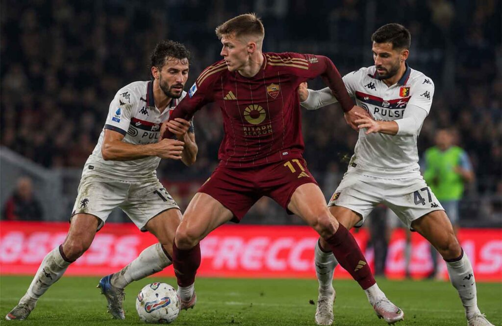 Evan Ferguson shields the ball from Genoa defenders during his 2025-26 loan spell at AS Roma