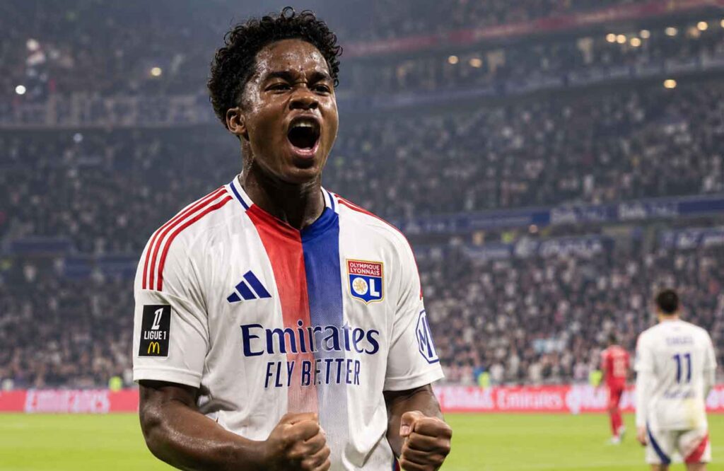 Endrick roars in celebration during his loan spell at Olympique Lyonnais earlier in 2026