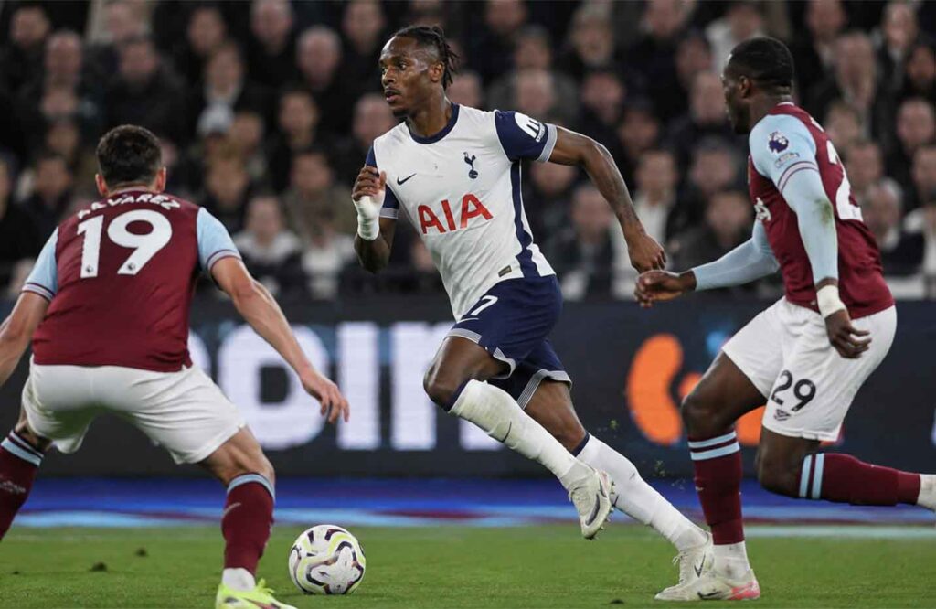 Mathys Tel dribbles past Aston Villa defenders for Tottenham Hotspur, one of 2026's most exciting young attacking players