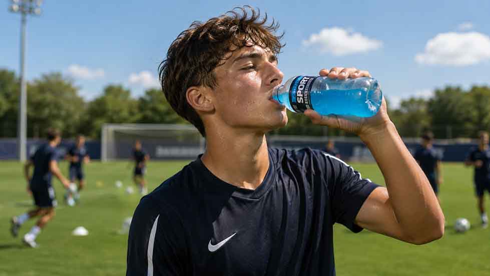 Football player drinking an electrolyte drink during training