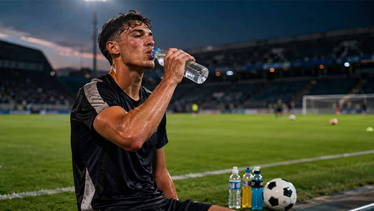 Football player drinking water after training for better hydration and recovery