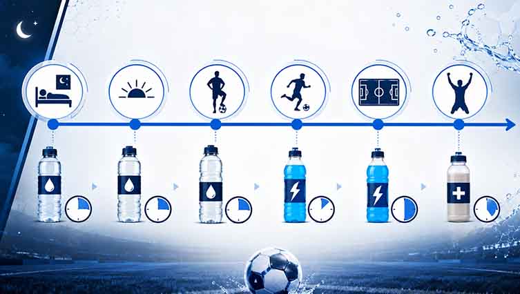 Football/Soccer player following a complete match-day hydration routine before kickoff