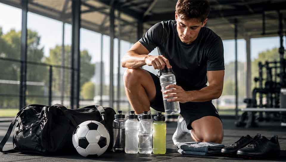 Football/Soccer player preparing water bottles for daily hydration before training
