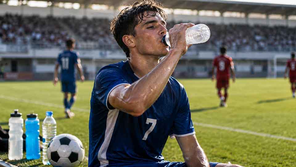 Football player drinking water during a match break in hot weather