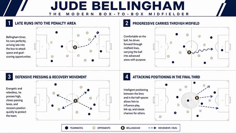 Jude Bellingham playing style and tactical analysis showing late runs, progressive carries and defensive pressing
