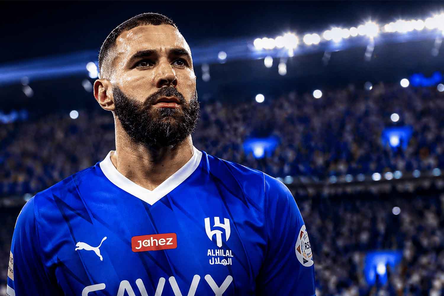 Karim Benzema Biography – French football striker Karim Benzema portrait in professional football kit