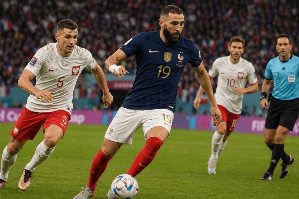 Karim Benzema playing for the France national football team in an international match