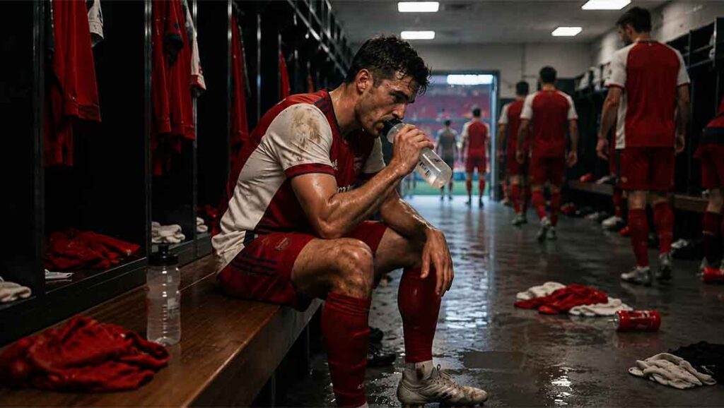 Football player drinking a recovery drink after a match