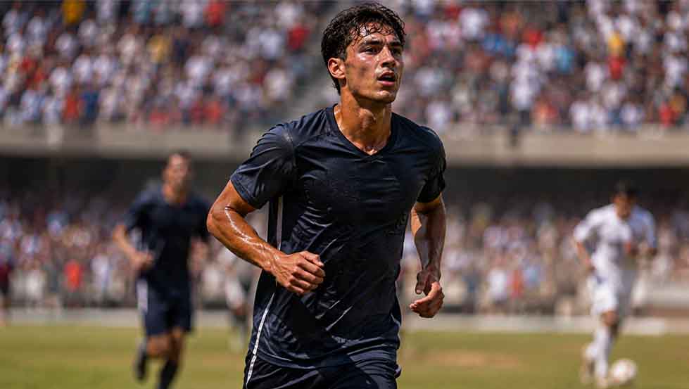 Football player staying hydrated during an intense match in hot weather