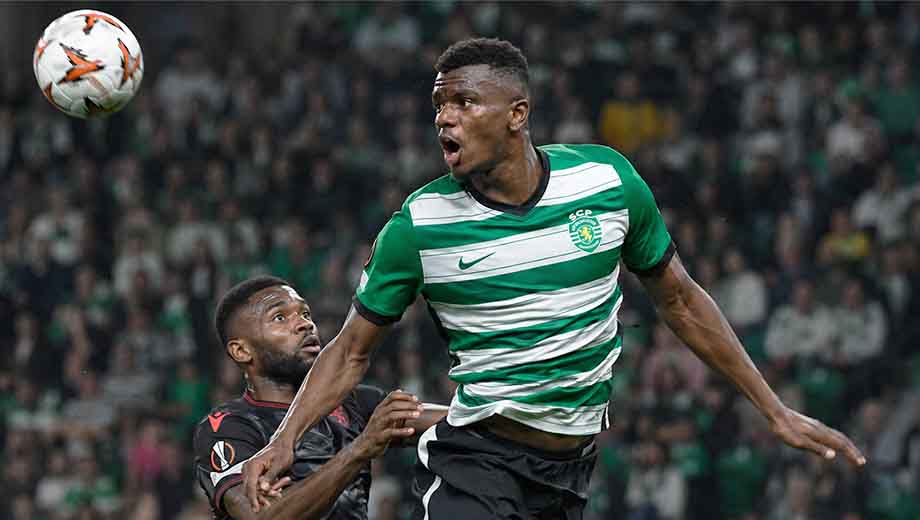 Ousmane Diomande winning an aerial duel for Sporting CP as an upcoming defender 2026