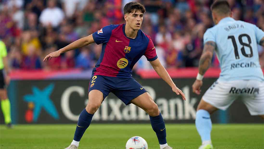 Pau Cubarsí showing defensive positioning and tactical awareness during a La Liga match for FC Barcelona
