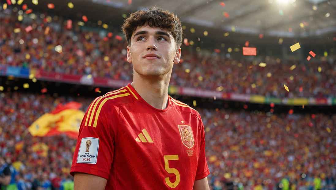 Pau Cubarsí representing Spain as an international footballer during the 2026 World Cup