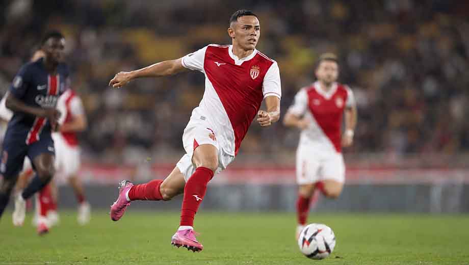 Vanderson of AS Monaco driving forward during a match as an upcoming defender in 2026