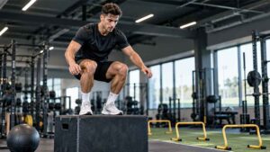 Patlayıcı güç antrenmanında kutu sıçraması box jump yapan futbolcu